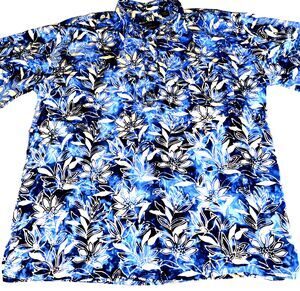 Pete Huntington Shirt Men's Large Blue Batik Leaf Print Cotton Short Sleeve Bali